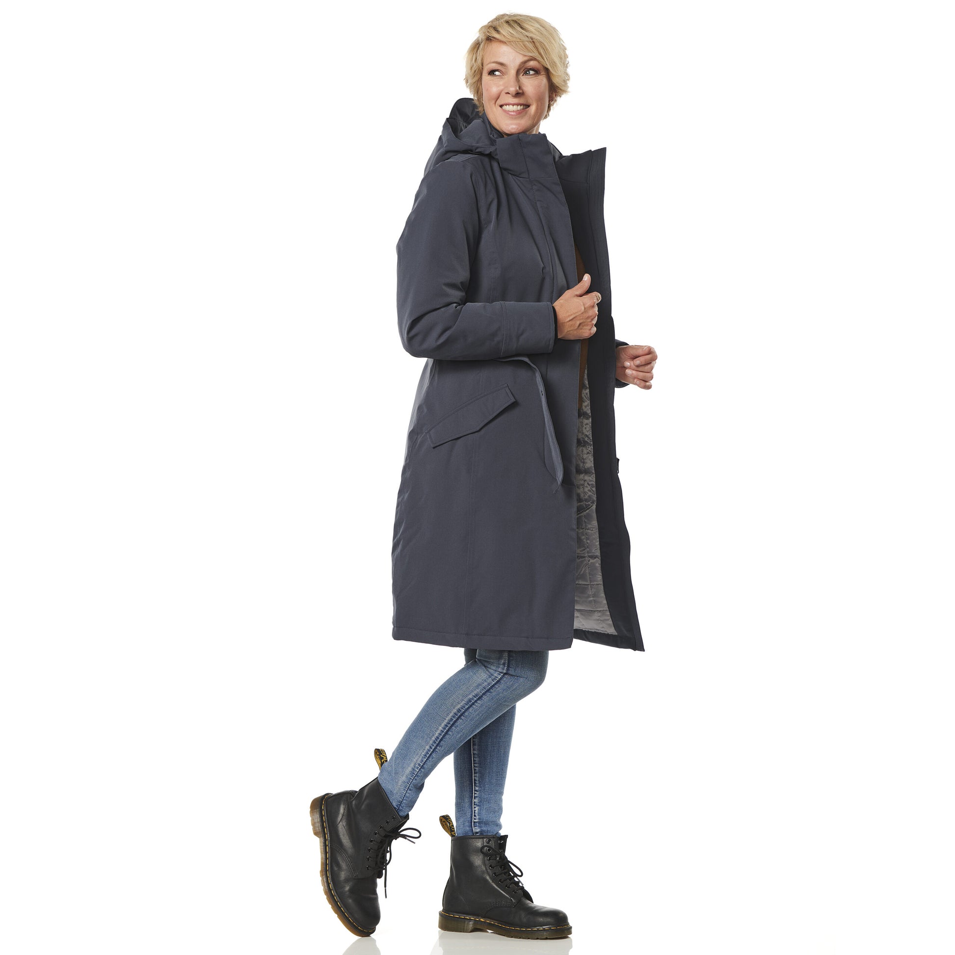Winterjas Calcary steel blue zij open happy rainy days
